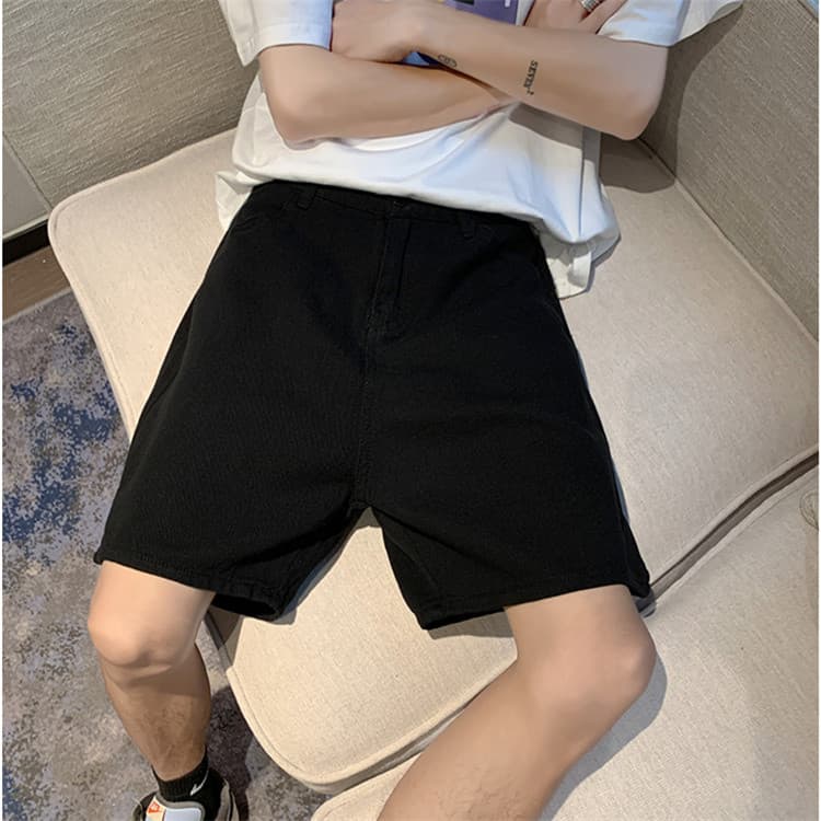 メンズ 黒 ファッション メンズ黒デニムショートパンツゆったりストレート