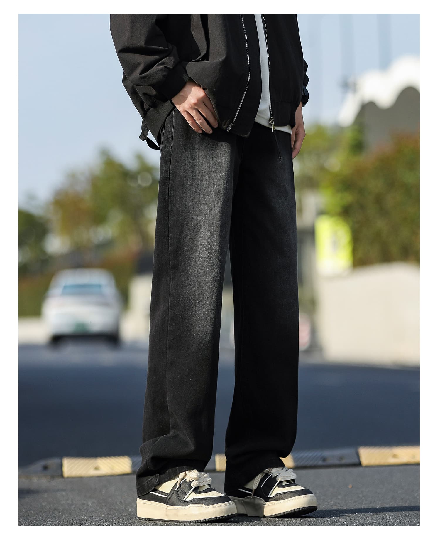 メンズ 黒 ファッション パンツ ゆったりストレートデニムパンツ