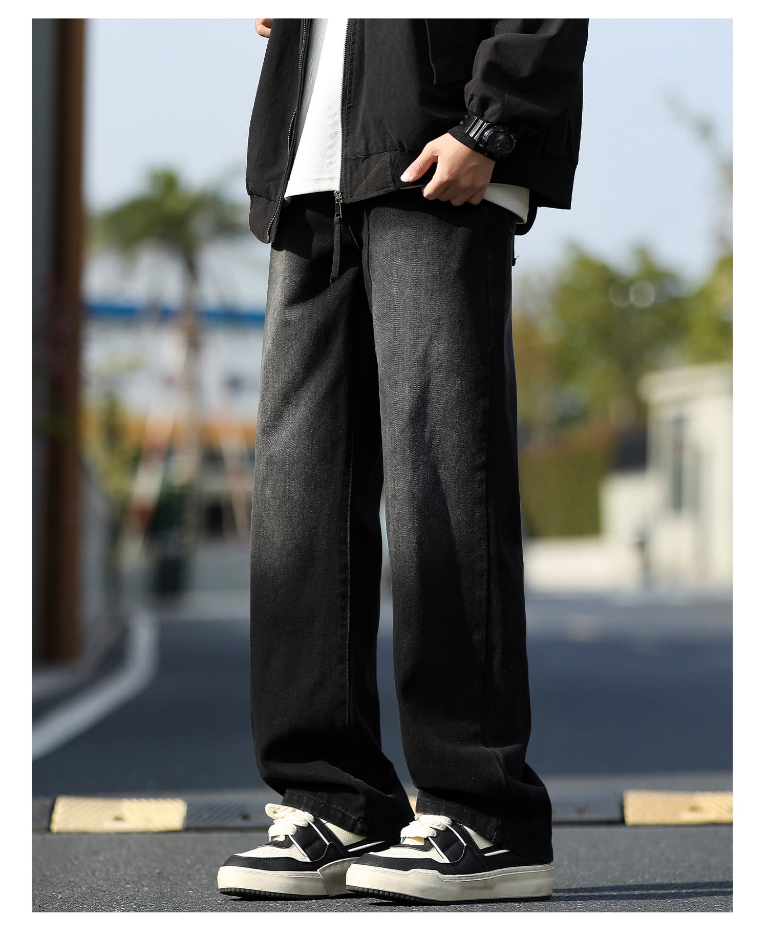 メンズ 黒 ファッション パンツ ゆったりストレートデニムパンツ