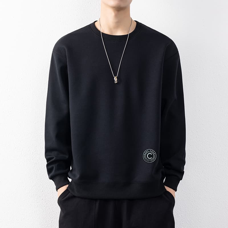 メンズ黒ファッション スウェット シンプル丸首ワッペンスウェット