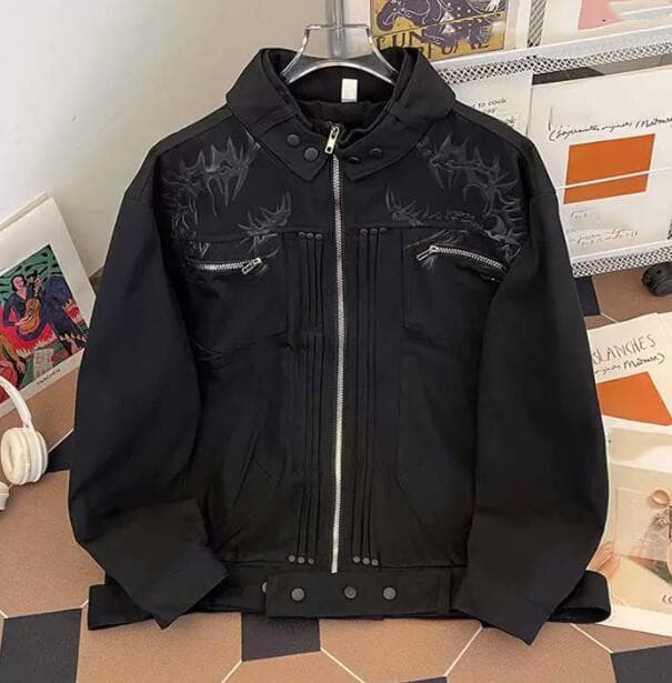 メンズ 黒 ファッション メンズ 黒 刺繍デザイン ブルゾンジャケット