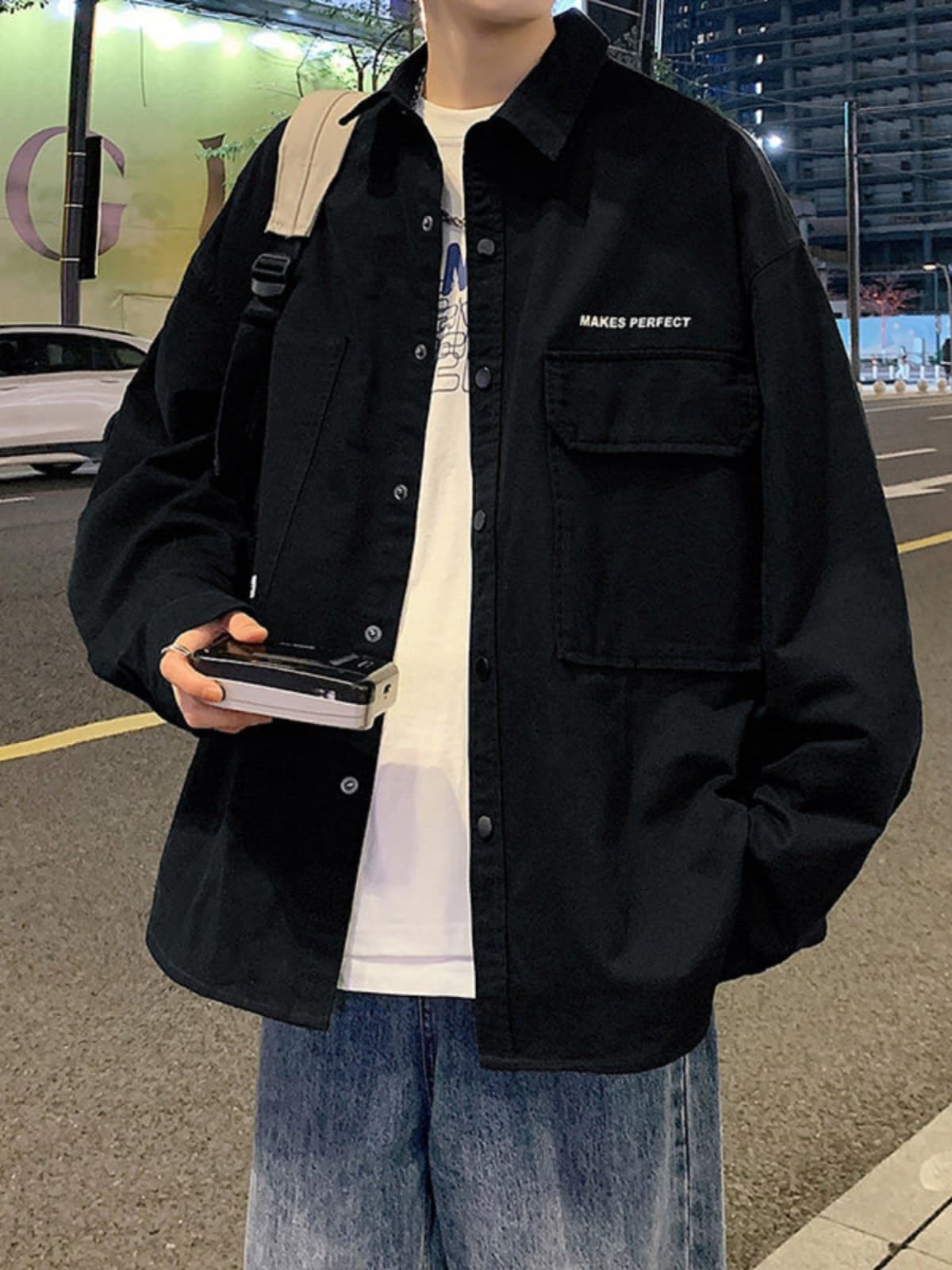 メンズ 黒 ファッション ジャケット ワークテイスト オーバーサイズシャツジャケット