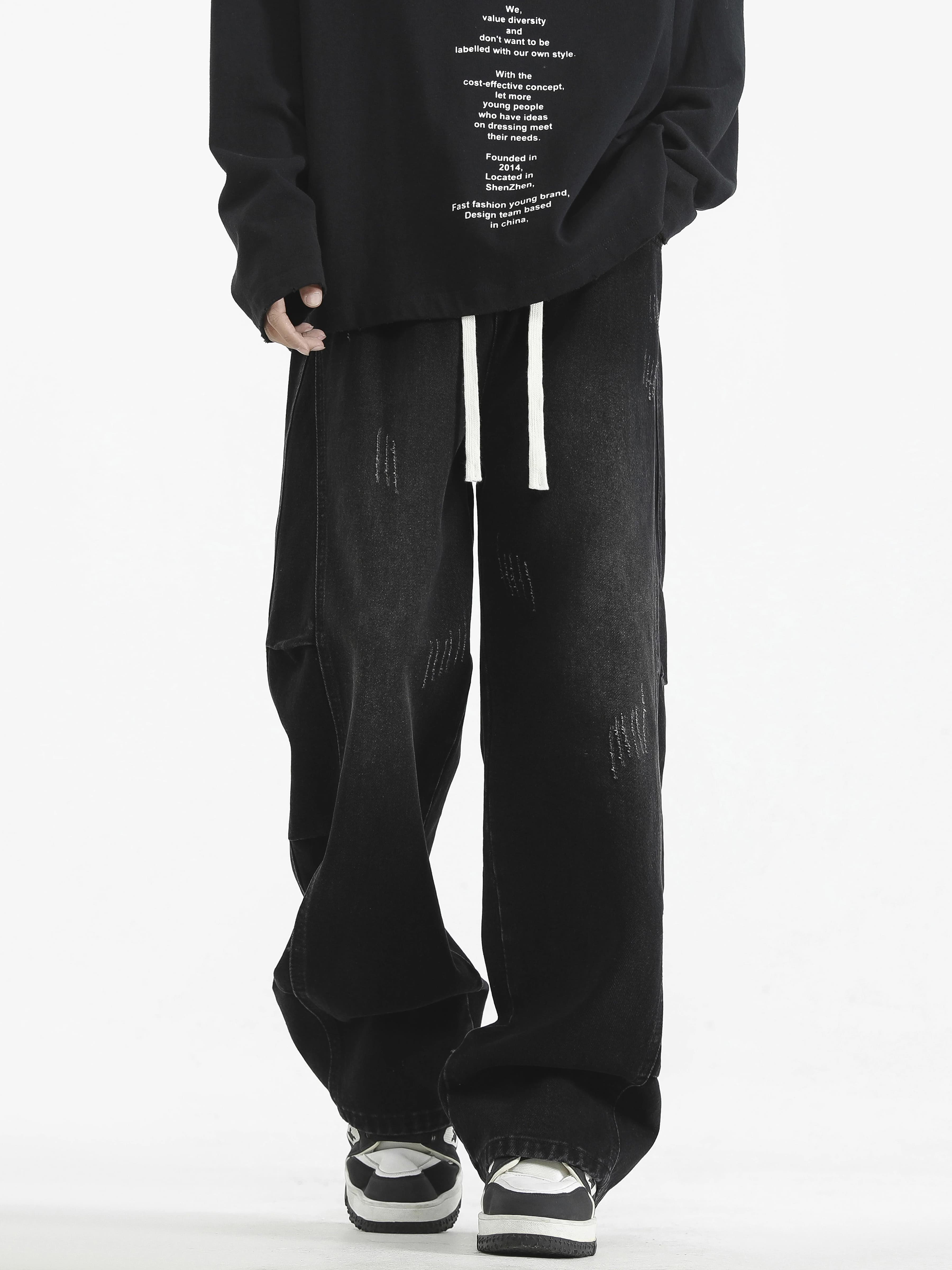 メンズ 黒 ファッション パンツ ダメージ加工ワイドデニムパンツ