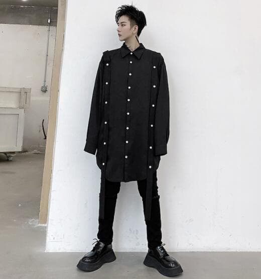 メンズ 黒 ファッション 春物メンズ黒長袖シャツ暗黒系パール装飾