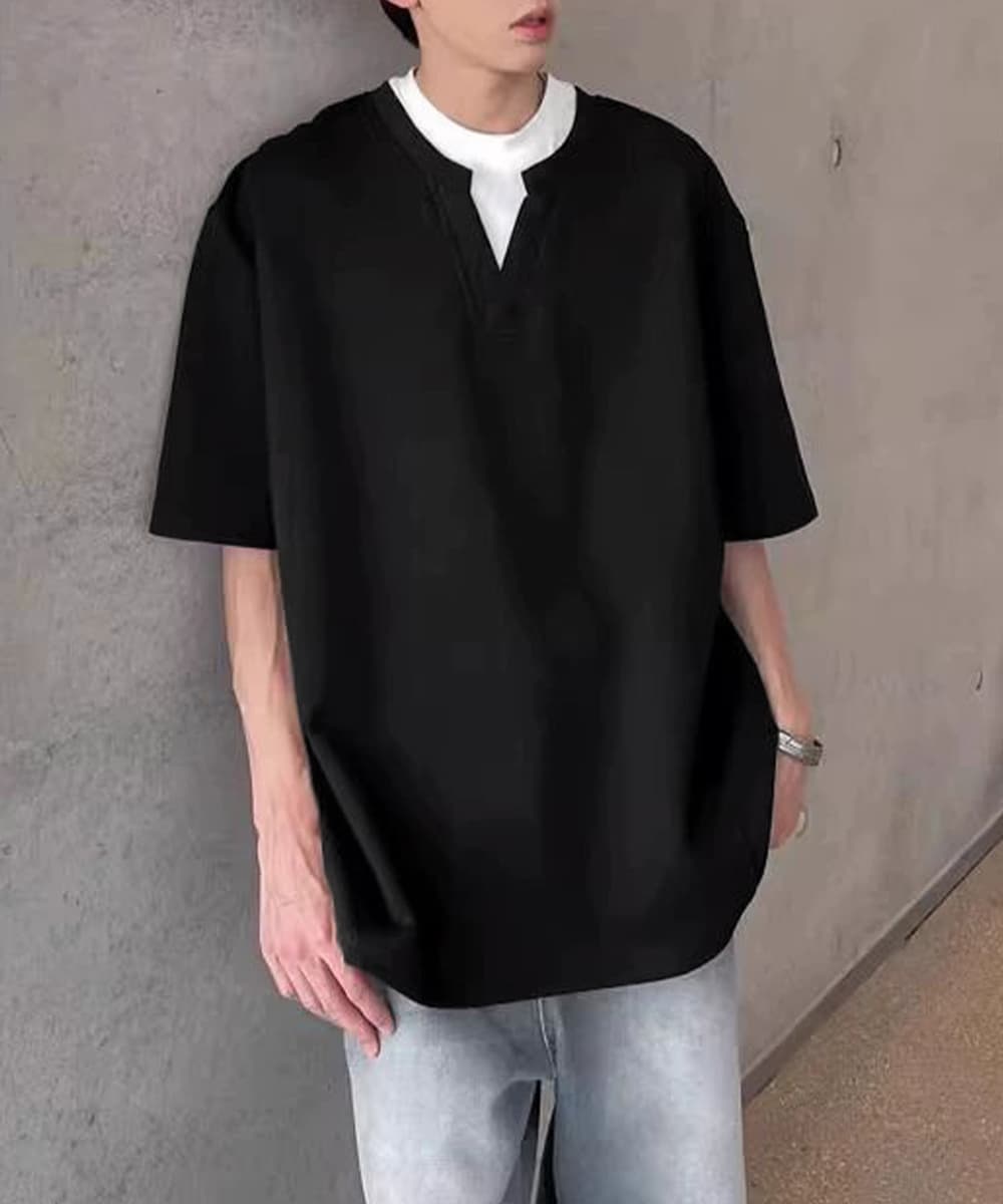 メンズ 黒 ファッション 半袖重ね着風カットソー メンズ黒五分袖