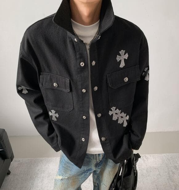 メンズ 黒 ファッション 秋冬メンズ黒デニムジャケット刺繍入り