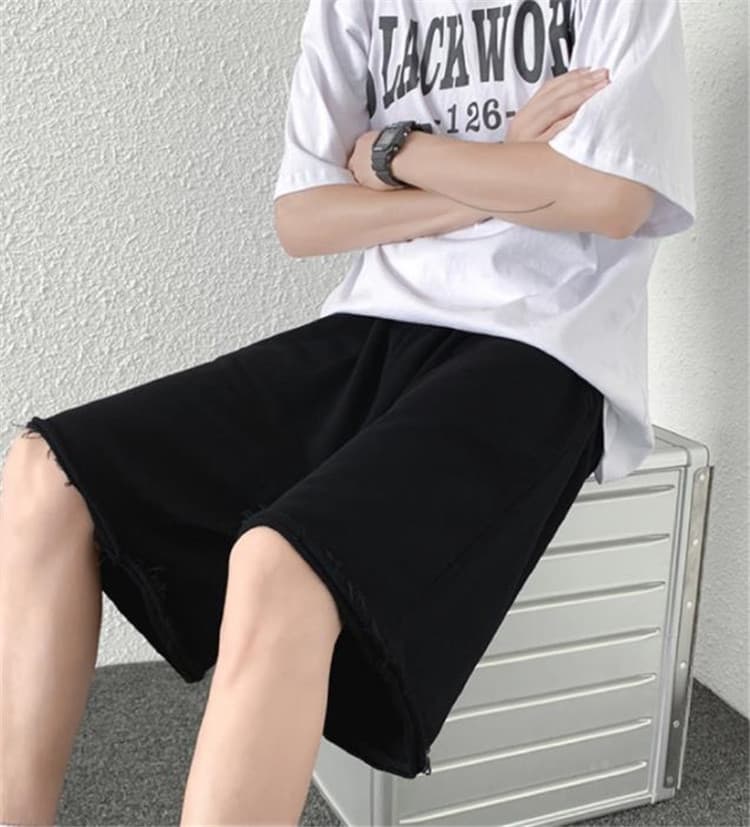メンズ 黒 ファッション 夏用黒デニムハーフパンツ メンズゆったりワイド五分丈
