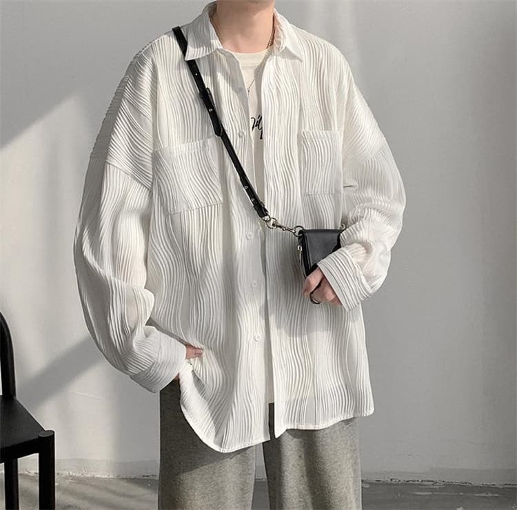 メンズ 黒 ファッション メンズ黒コーデュロイ風ゆったり長袖シャツ