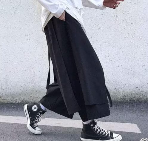 メンズ 黒 ファッション 暗黒系レイヤード九分丈ワイドパンツ