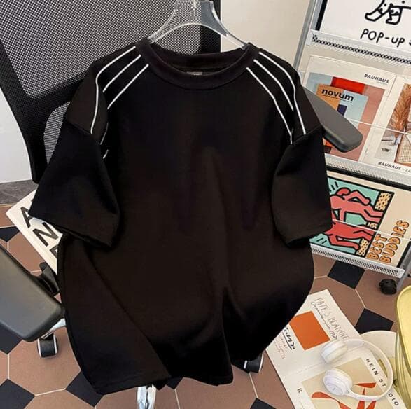 メンズ 黒 ファッション メンズ黒半袖ラインデザイン丸首カットソー