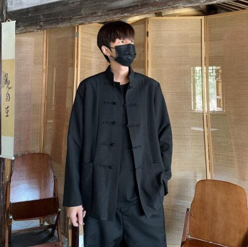 メンズ 黒 ファッション メンズ黒チャイナシャツ中国風カジュアル長袖
