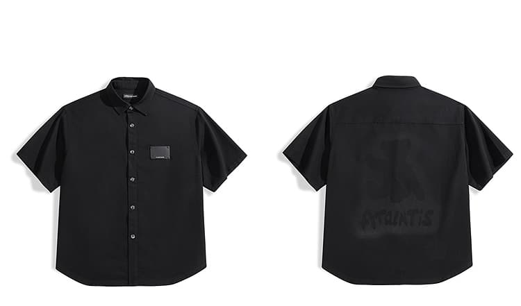 メンズ黒ファッション シャツ ポケット革タグ付き半袖