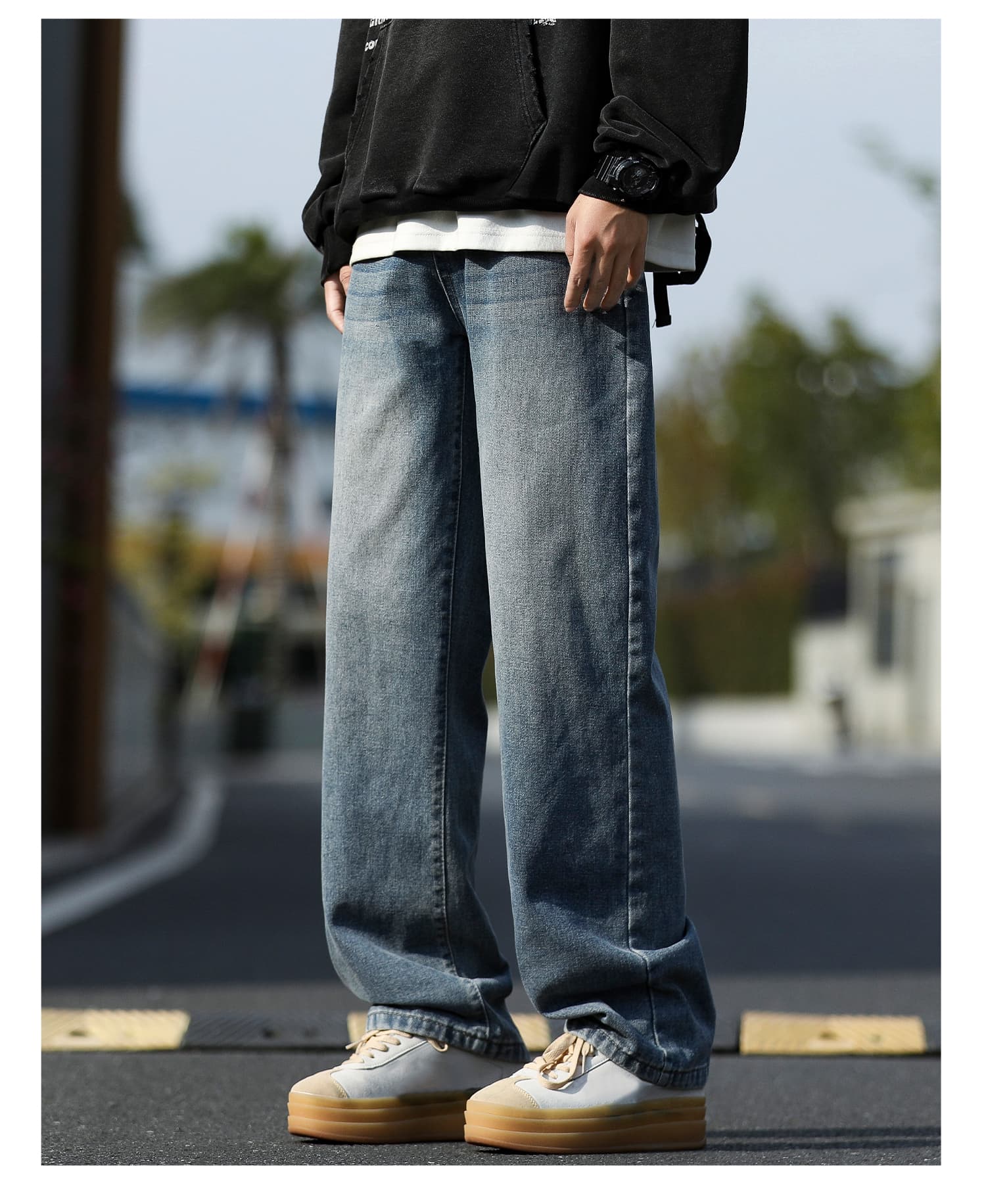 メンズ 黒 ファッション パンツ ゆったりストレートデニムパンツ