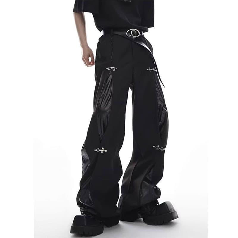 メンズ 黒 ファッション メンズ 黒 合成革切替 ワイドパンツ ストリート系