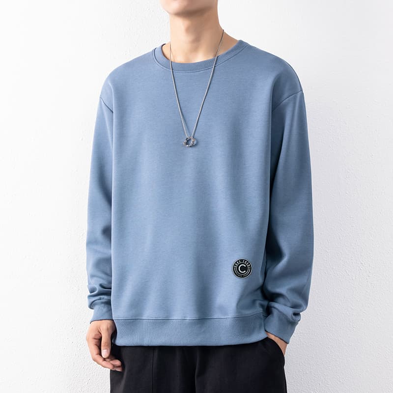 メンズ黒ファッション スウェット シンプル丸首ワッペンスウェット