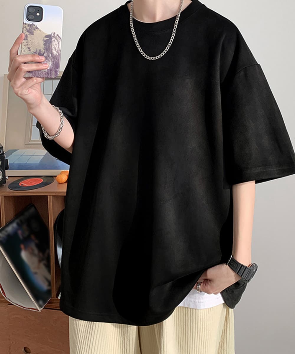 メンズ 黒 ファッション メンズ半袖スエード調無地Tシャツ