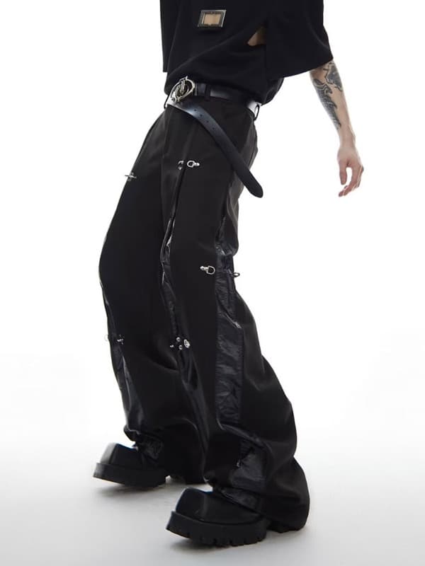 メンズ 黒 ファッション メンズ 黒 合成革切替 ワイドパンツ ストリート系