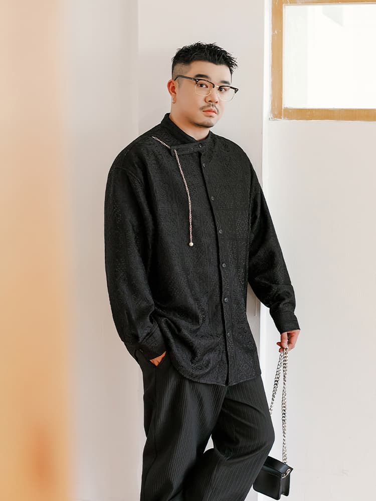 メンズ 黒 ファッション 和風柄織り チェーン付きシャツ