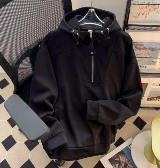 メンズ 黒 ファッション メンズ黒パーカー フード付きハーフジップトップス