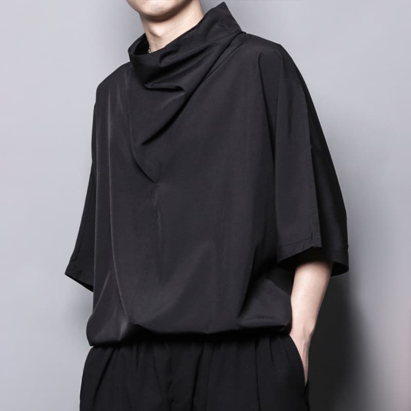 メンズ 黒 ファッション デザイナーズ風ドレープネックシャツ