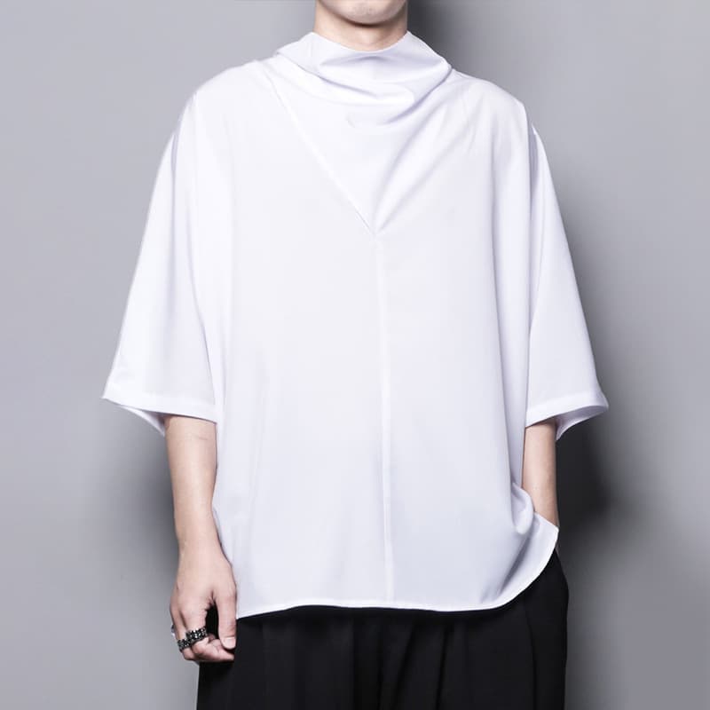 メンズ 黒 ファッション デザイナーズ風ドレープネックシャツ