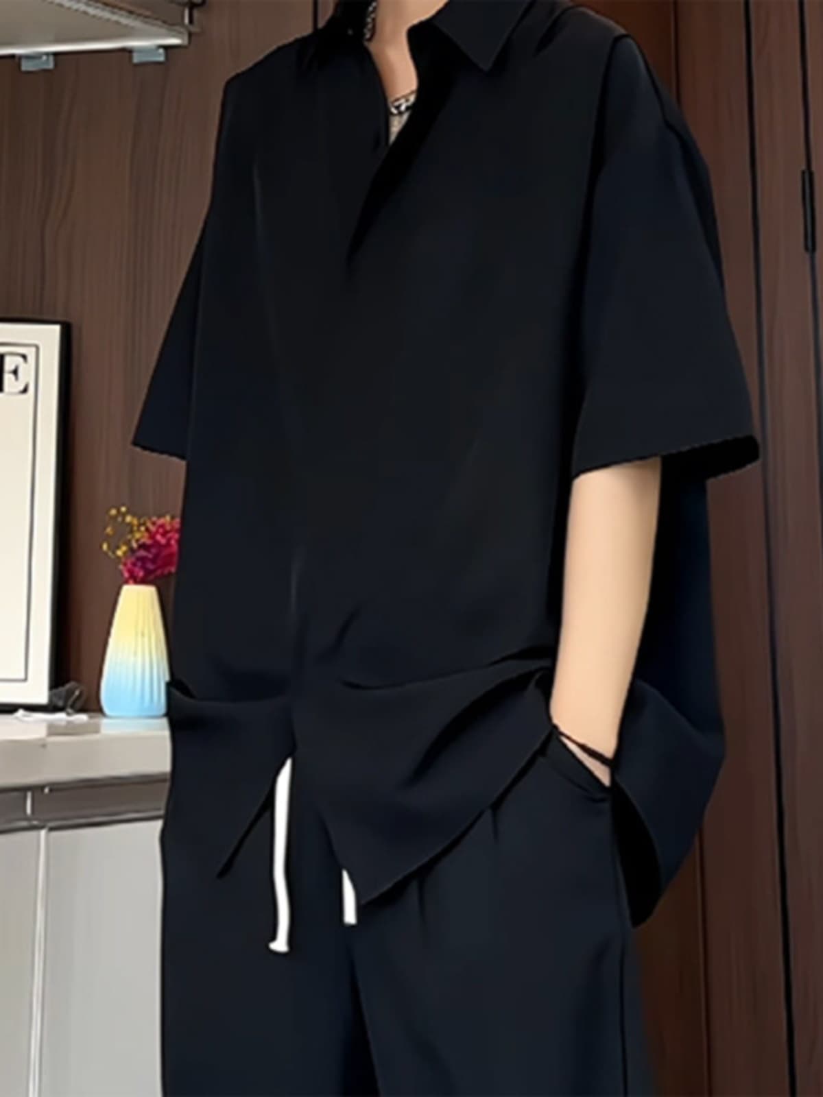 メンズ 黒 ファッション シャツ モダン半袖ワイドシルエットシャツ