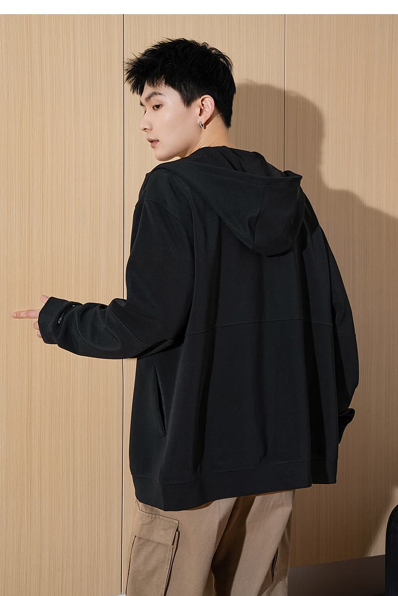 メンズ黒ファッション パーカー シンプル薄手フードジップパーカー