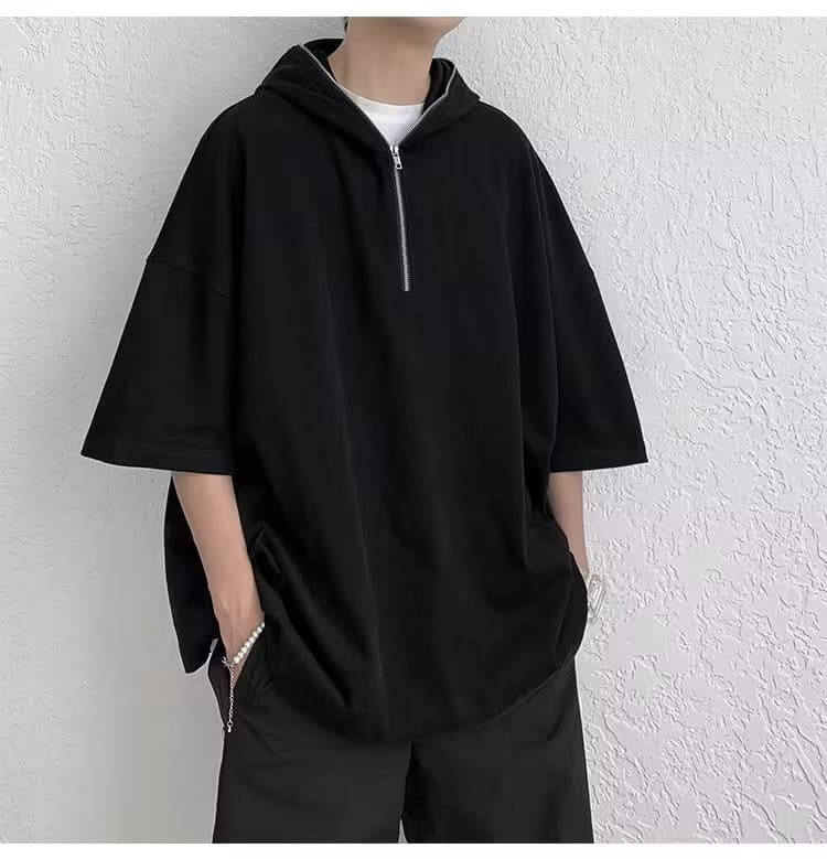 メンズ 黒 ファッション モードハーフジップパーカー